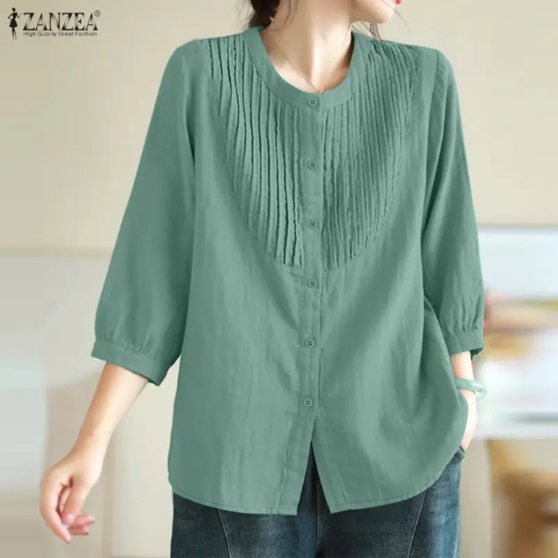 

Женские повседневные рубашки ZANZEA с пышными рукавами 3/4, круглым вырезом и пуговицами, однотонные женские топы, летние повседневные блузки 2026