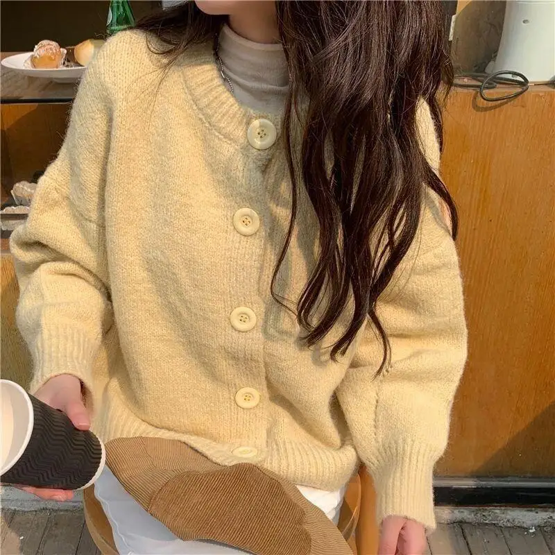 

Korean Style Women's Sweater Cardigan Knitted Spring Autumn Casual Loose Vintage Plain Color Cotton Knit Sweater Cardigan