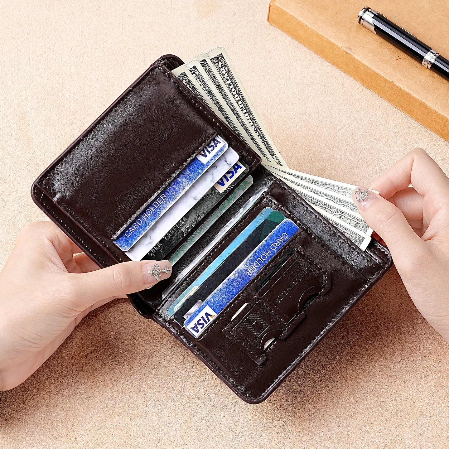 Nuevo Cartera compacta Retro Vertical triple para hombre, lector de tarjetas antirrobo, bolsa, soporte para licencia de conducir