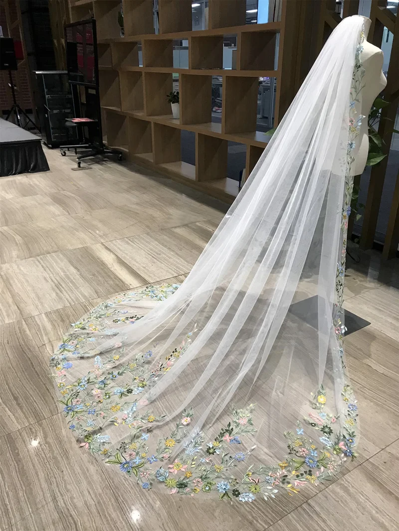 Custom Colorful Flower Veil to 2 layer ,front length 80cm ,the back length 300cm
