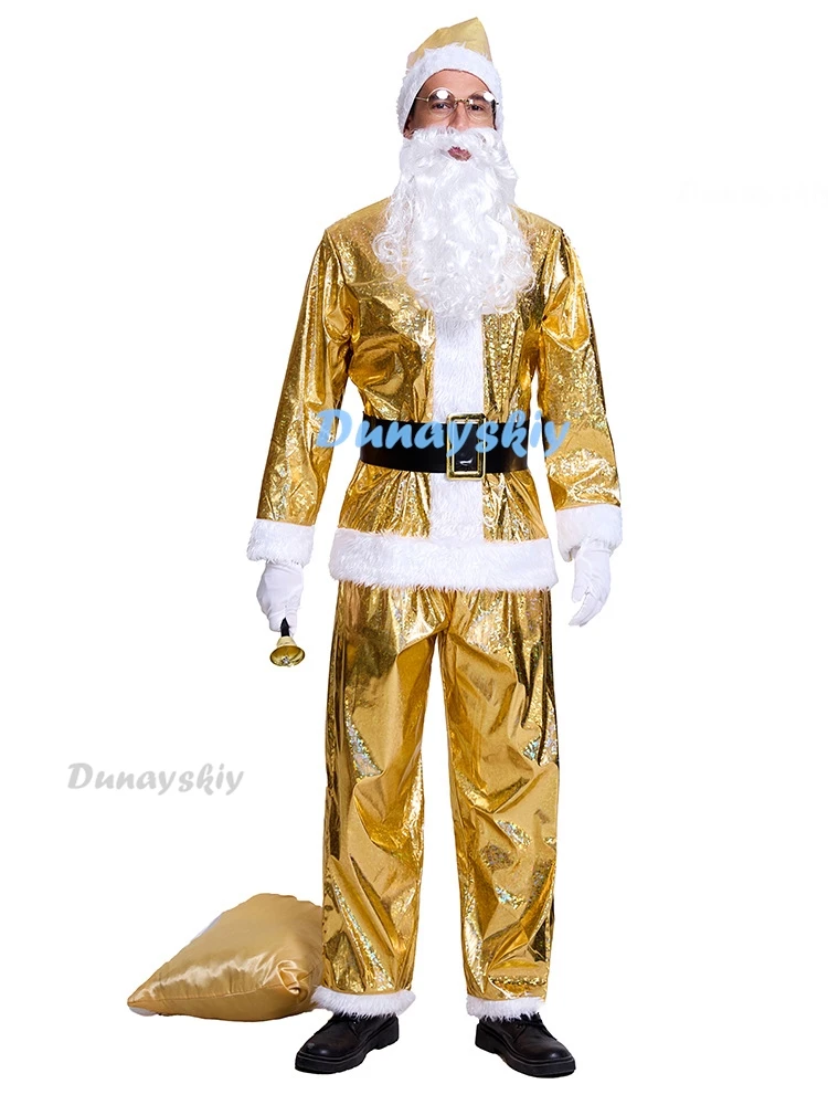 Gold Christmas Santa Claus Costume Men Gold Beard Top Cloth Pants Hat Belt Beard Halloween Dress Up Suit Cosplay Festival Outfit