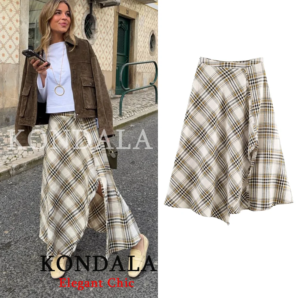 Jupe midi tendance KONDALA pour femme, asymétrique à carreaux, fendue, style streetwear, collection Printemps-Été 2026, idéale pour les soirées