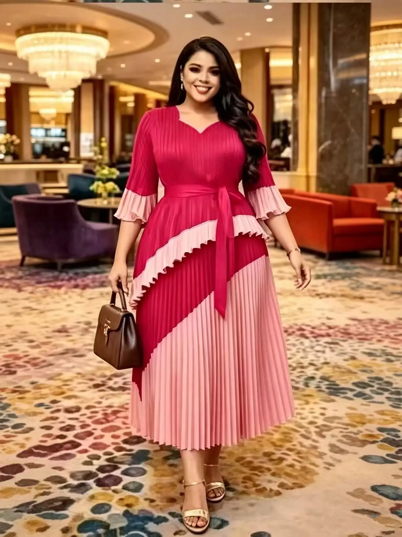 2026 Miyake high-end color matching pleated dress set temperament v-neck women's summer new two-piece set