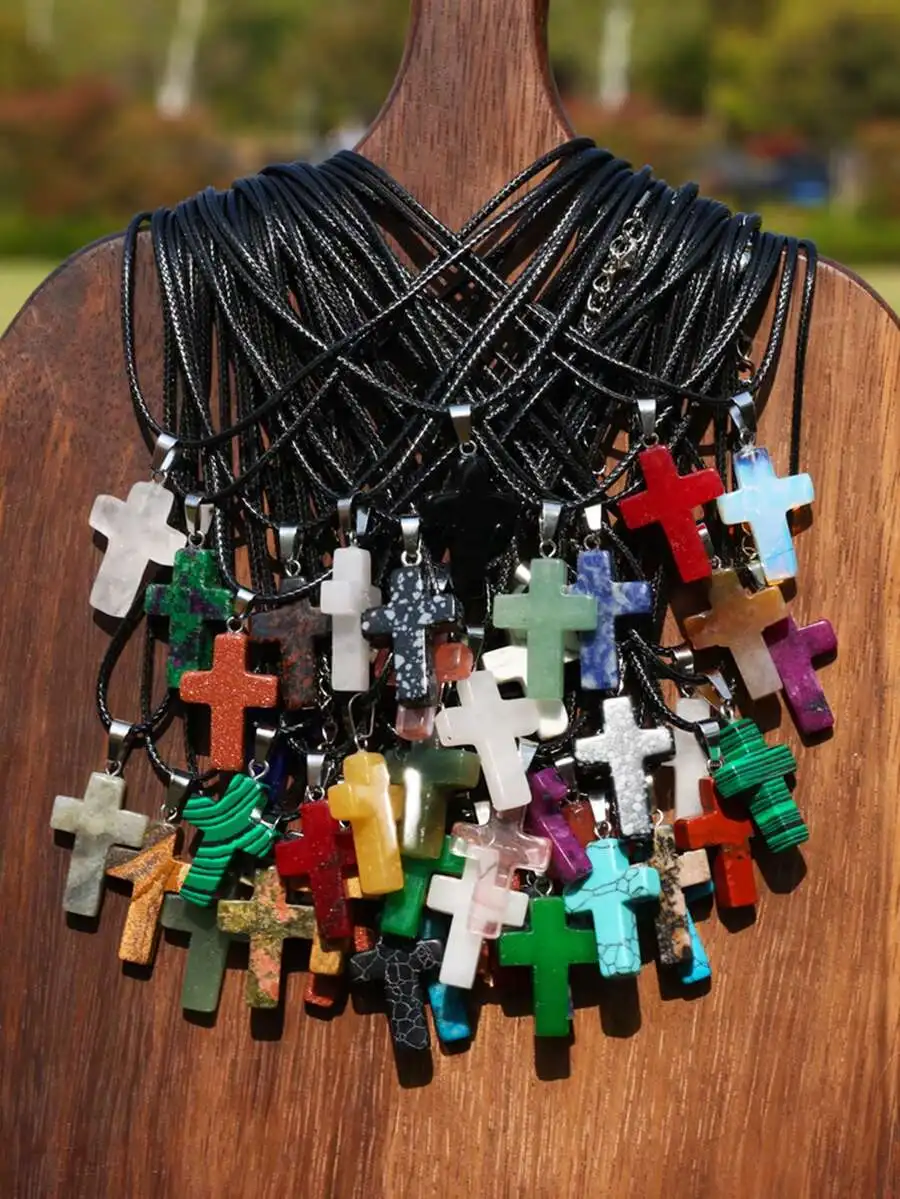 

24pcs Natural Stone Cross Pendants With Black Cord Necklaces For Adult Jewelry Making