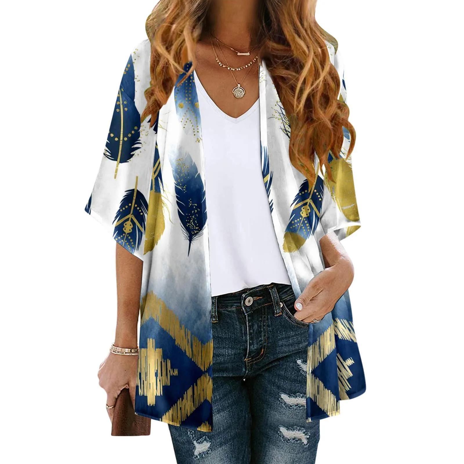 Women Floral Print Three Quarter Sleeve Kimono Cardigan Loose Cover Up Casual Blouse Tops