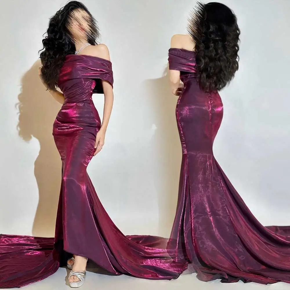 Customized Velvet Mermaid Evening Dress Off Shoulder Draped Sleeveless Simple Prom Gown Court Train Women‘s Sexy  Party Dresses