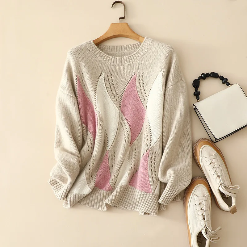 5gg winter thick warm europe trendy oversized 100% cashmere jacquard sweater woemn knitted