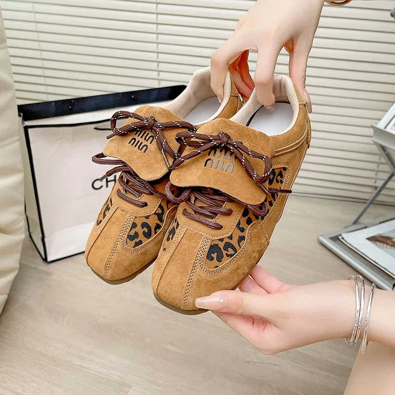 Women Sneakers 2024 Spring And Autumn New Retro Leopard Print German Training Shoes Women Contrast Flat Casual Shoes Women
