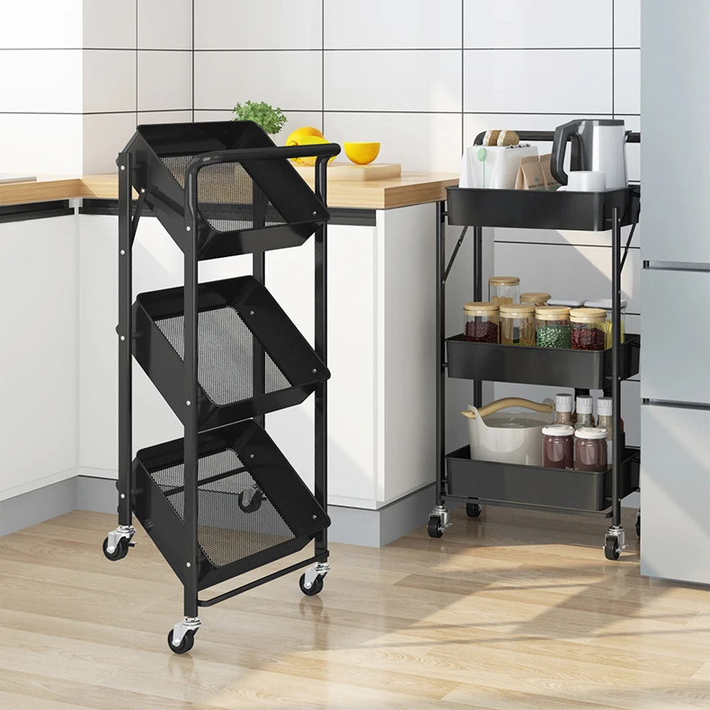 

Foldable Trolley Rack with Wheels, Multi-Layer Floor, Kitchen, Bathroom, Bedroom, Removable Storage Shelf with Wheels