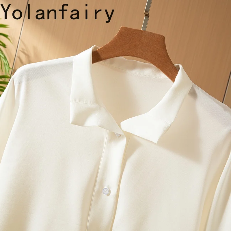 YOLANFAIRY Новые рубашки из натурального шелка шелковицы 93% женские элегантные свободные женские топы и блузки с рукавами три четверти белая рубашка 여자옷