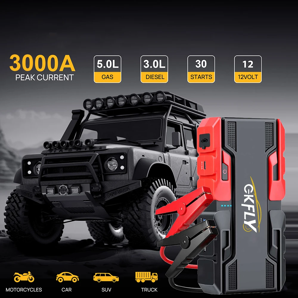 GKFLY Car Jump Starter 2000A/3000A Peak Power Bank 12V Car Booster Auto Emergency Starting Device Jump Start for Petrol Diesel