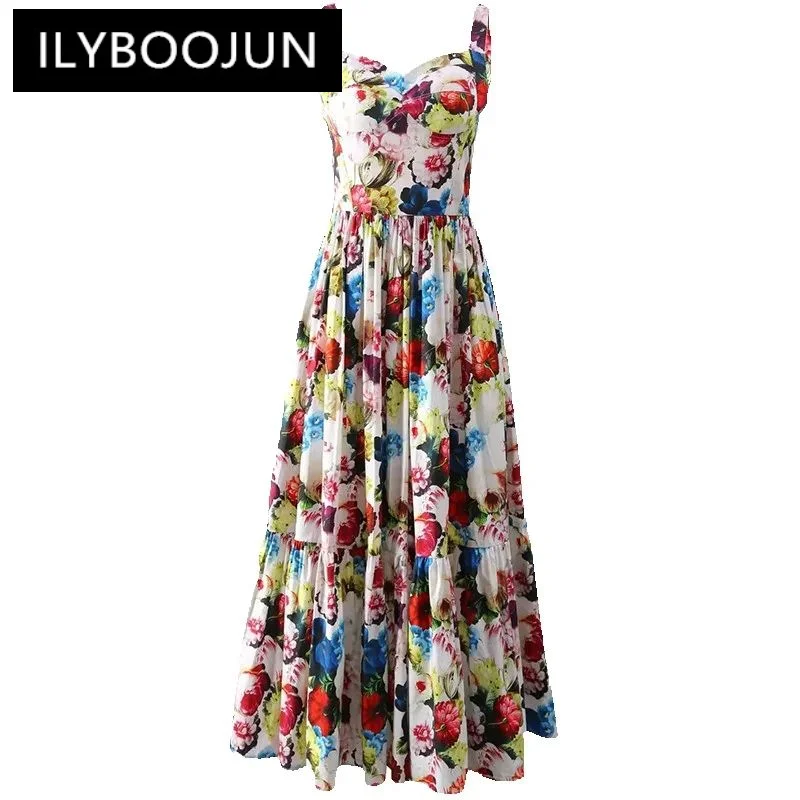 

ILYBOOJUN Fashion Women's Vintage Spaghetti Strap Backless Printed Square-Neck Pleated Elegant Celebrity Party Floral Maxi Dress