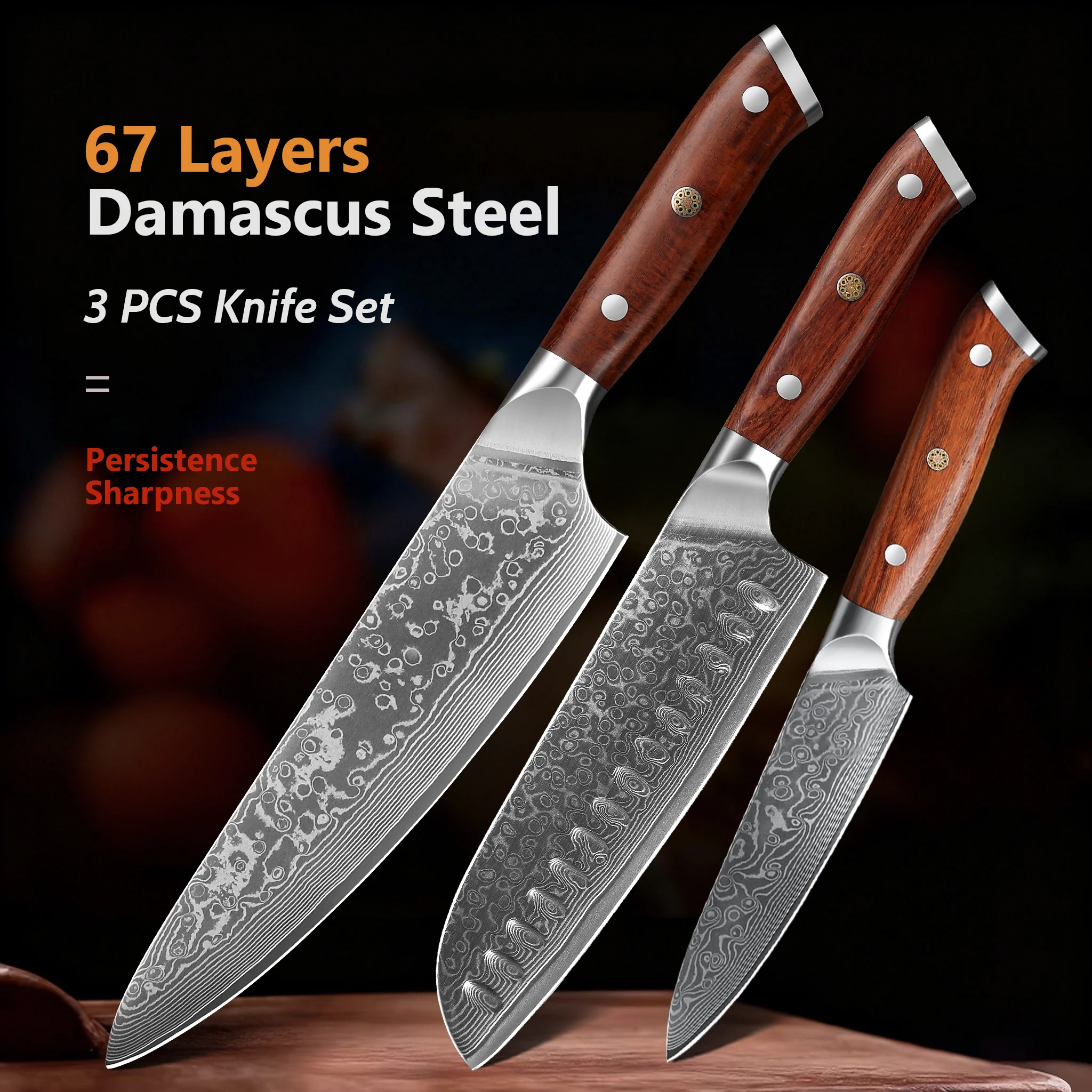 

3PCS Chef Knife Set VG10 Damascus Steel 67 Layers Rosewood Handle 60HRC Sharpness Gift Box Kitchen Tool