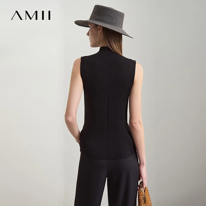 AMII Autumn Casual Sweater for Women 2025 Solid Mock Neck Sleeveless Pullover Lady New Fashion Slim Fit Sweaters Female 12541027