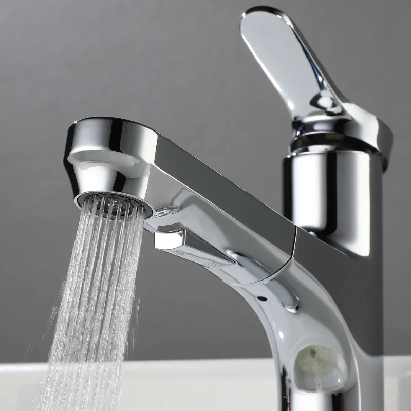 Electroplated Silver Basin Single Handle Mixing Pull-Out Faucets For Bathrooms Sink Cold & Hot Water Washbasin Kit Metal Taps