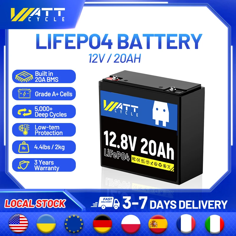 Wattcycle 12V 20Ah Lithium Iron Phosphate Battery Smart BMS 15000 Deep Cycles Portable Rechargeable LiFePO4 Battery Packs