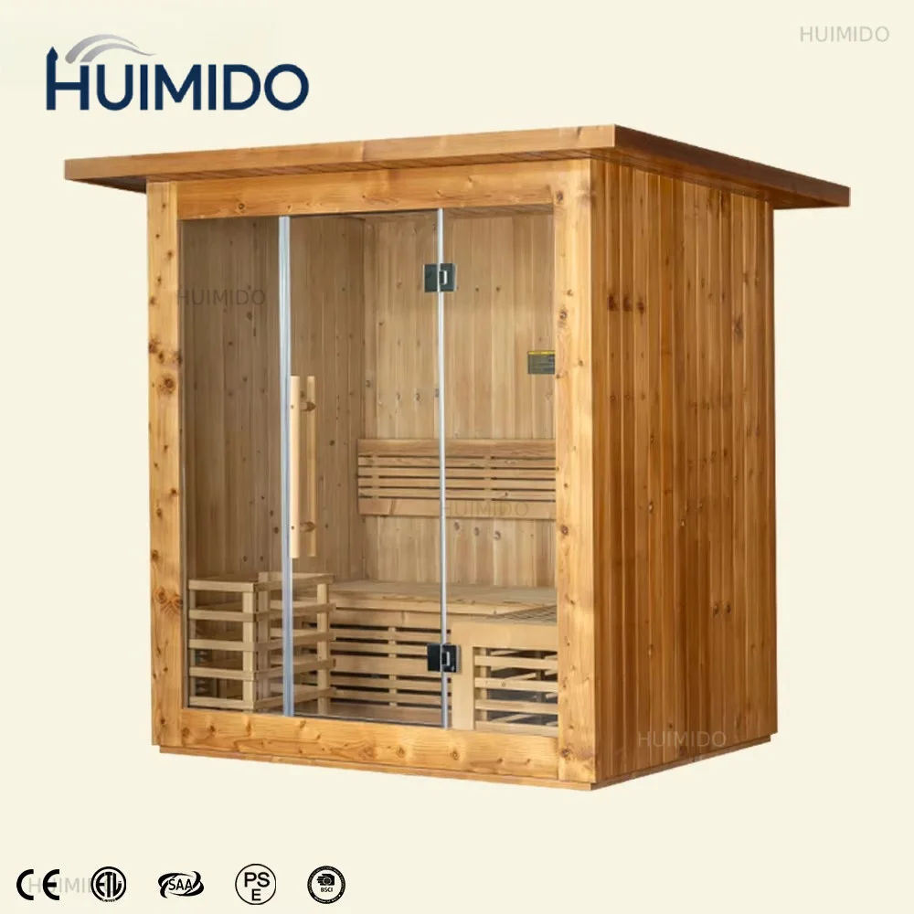 Traditional double infrared sauna with L-shaped benches and luxurious accessories, solid wood structure, customizable
