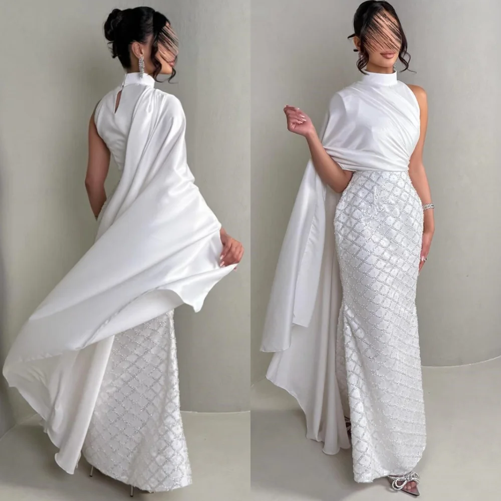 Customized Mermaid Temperament White Satin Evening Dresses Fashion Halter Homecoming Dresses Exquisite Special Occasion Gowns