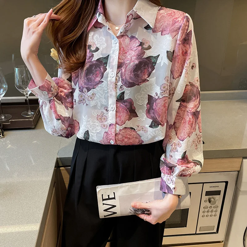 Women Spring Korean Fashion Loose Printing Turn-down Collar Long Sleeve Shirts Women Clothes Casual Office Lady All-match Tops