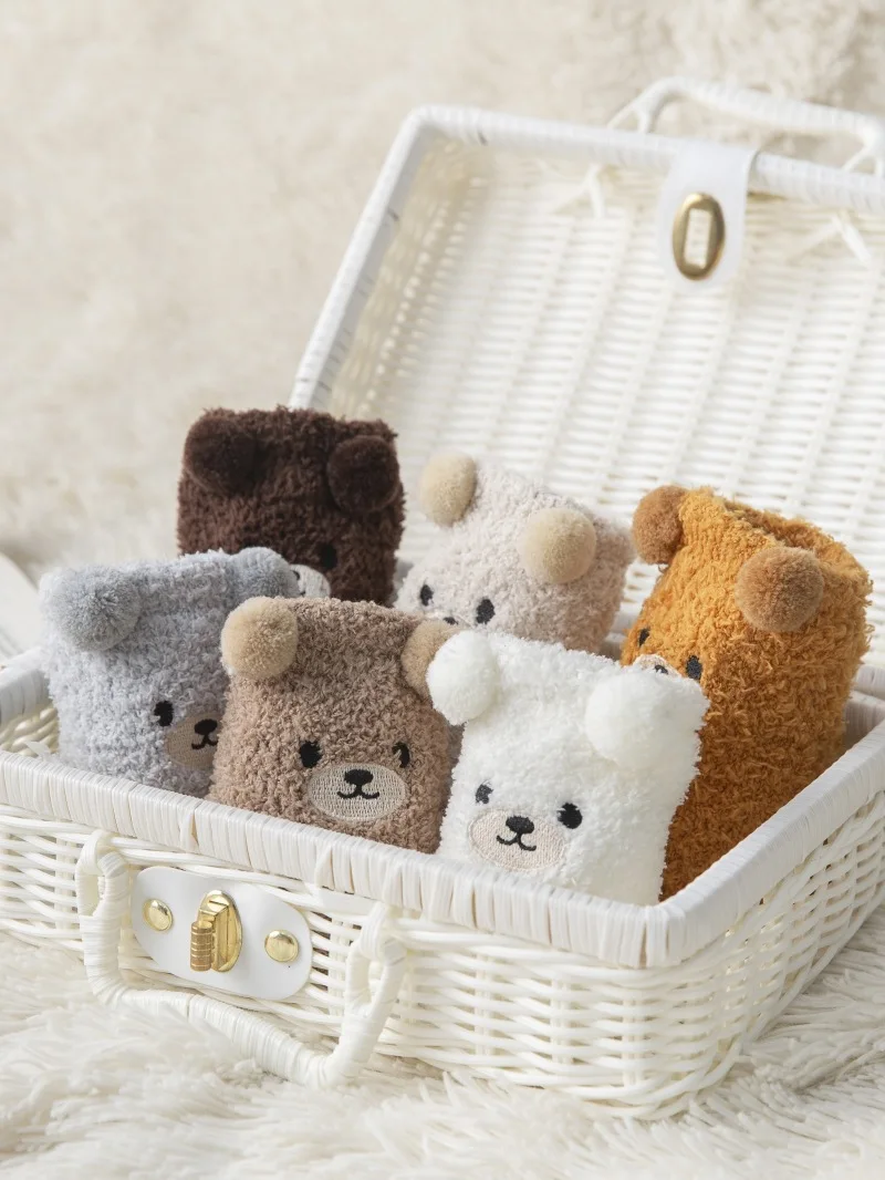 4 Paar 3D Flauschige Damensocken mit Bären-Kawaii-Tiermuster, Dicke Fleece-Wärme-Socken im koreanischen Stil für Zuhause und zum Schlafen – Detail 8