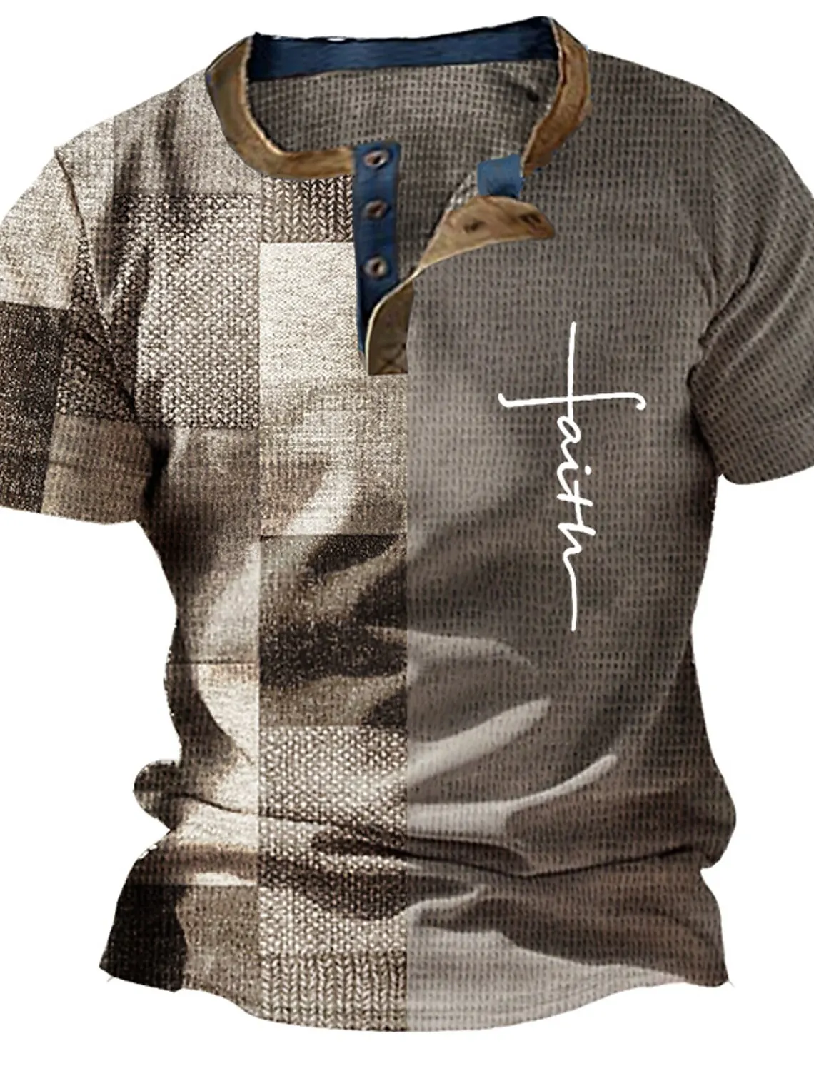 Sommer Vintage Herrenhemd mit Kreuzmuster, Kurzarm, Lässiger V-Ausschnitt, Knopfleiste, Übergroßes Herren-Patchwork-T-Shirt, Karierte Oberteile, Streetwear – Detail 2