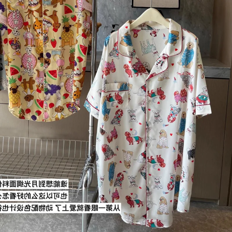 Cartoon Print Women‘s Nightgowns 2024 Faux Silk Satin Nightskirt New Sleepskirt Summer Nightdresses Night Gown Sleepwear Pajama