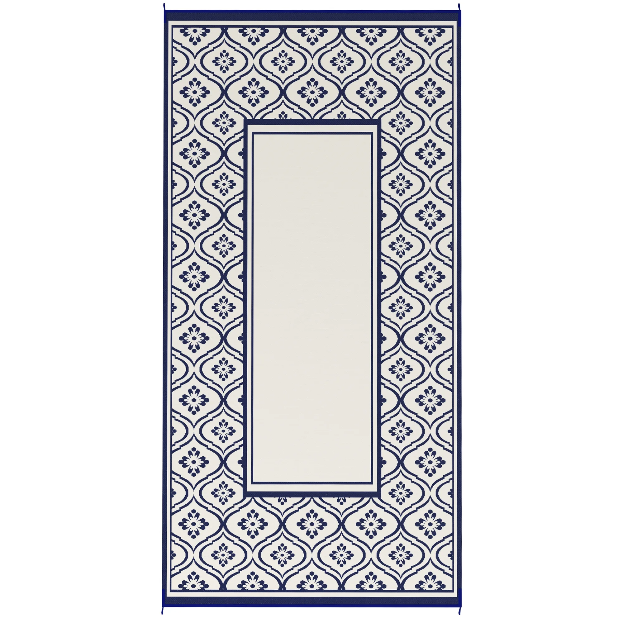 Reversible Outdoor Rug, Waterproof Plastic Straw with Carry Bag, 9' x 18', Blue & White Gourd Border