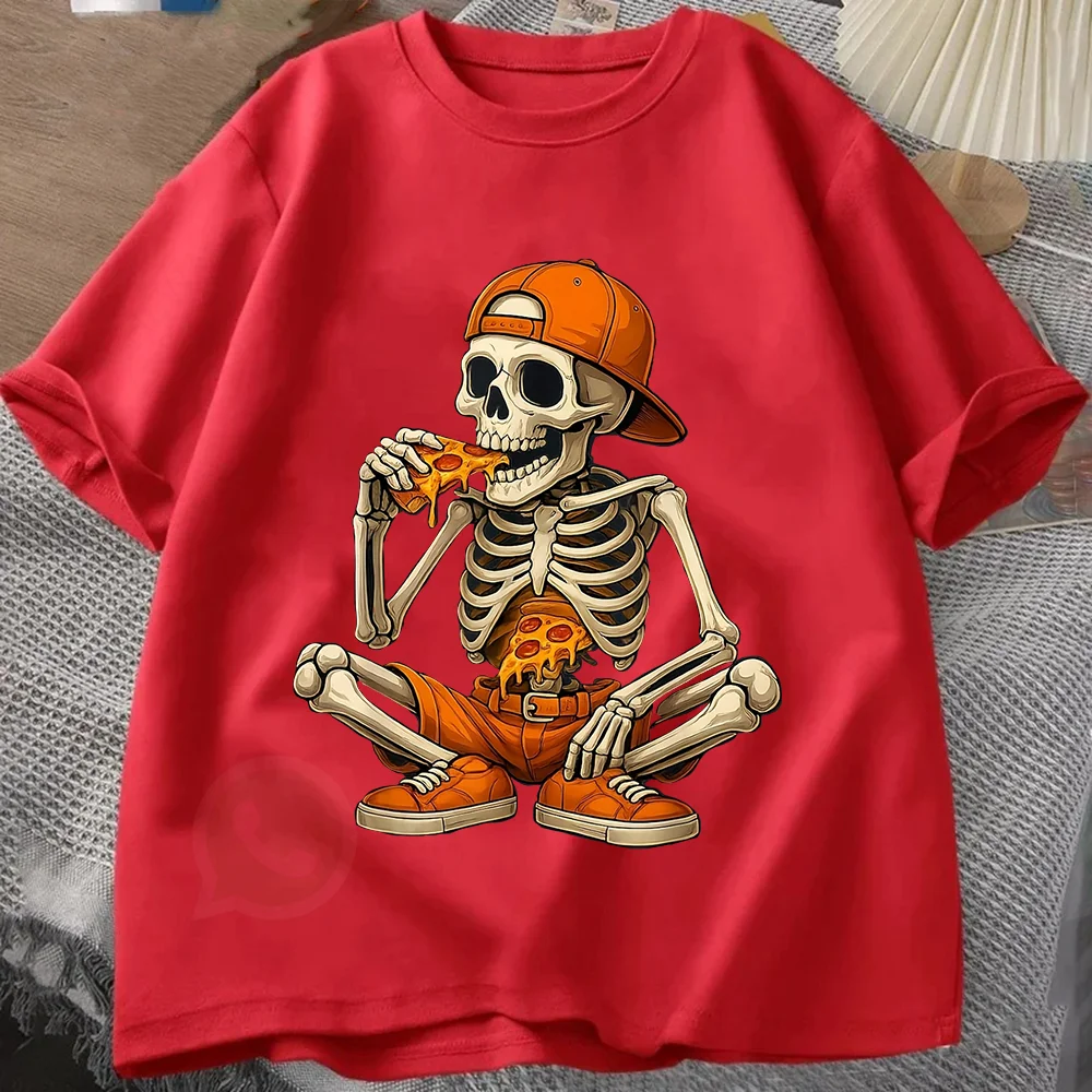 Featuring a Skeleton Enjoying Pizza Halloween Vintage Men'S  T-Shirt Casual Tshirts O-neck short-sleeved Tee Tops Streetwear Tee