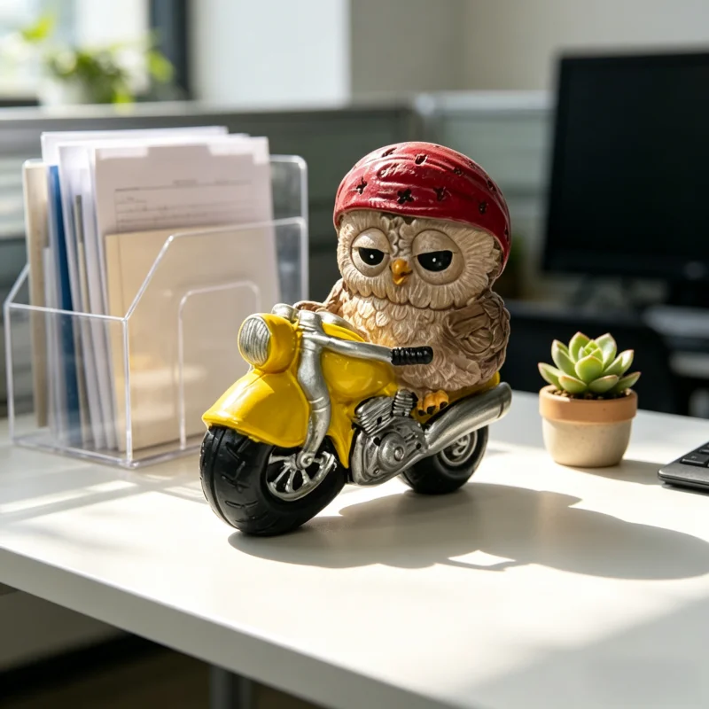 Resin Owl Biker Statue, Yellow Motorcycle with Red Helmet, Garden Decor Figurine