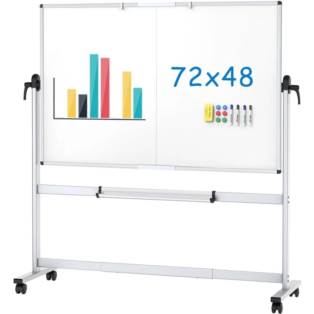 

Double-Sided Mobile Whiteboard, 72 x 48 Inches, Magnetic Rolling Dry Erase White Board on Wheels with Aluminium Frame and Stand