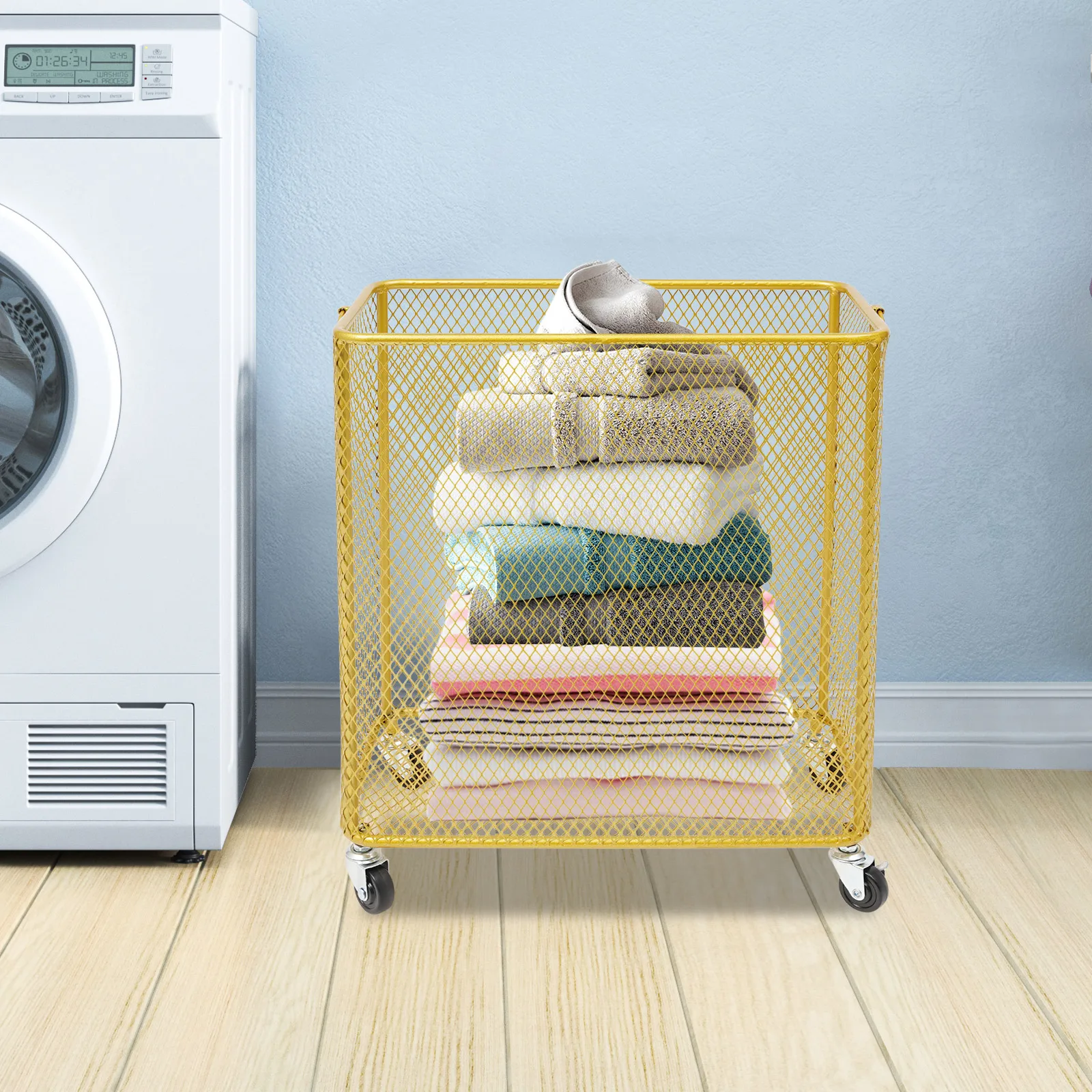 

Rectangular Iron Rolling Laundry Basket,Gold Laundry Basket with 4 Wheels,Iron Pipe 13mm Freestanding 43*23*45cm for Balcony