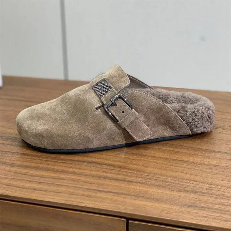 

Hot Sales Slippers Woman Round Toe String Bead Winter Mules Shoes Woman Cow Suede Flat Slides Wool Warm Slippers Woman