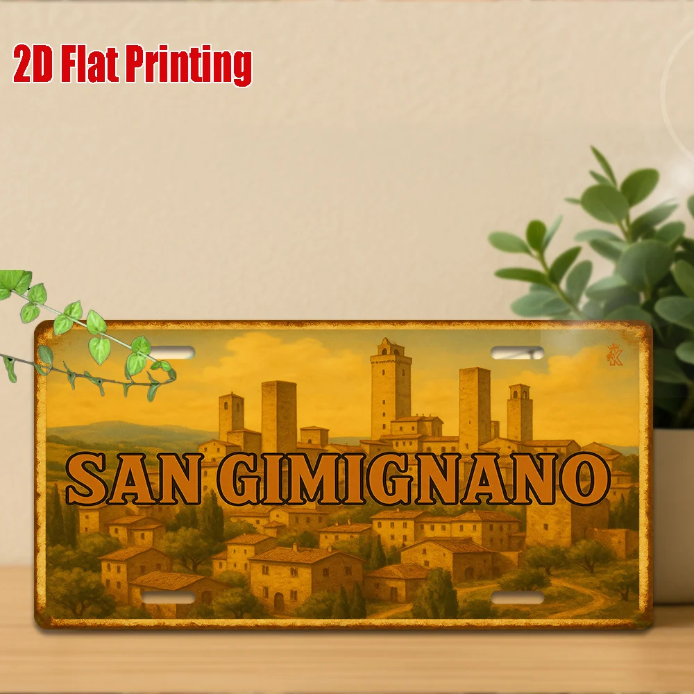2D Flat, 1pc Italian Tuscan Wall Art - San Gimignano Italy Aluminum Z Plaque Sign with Tower & City Design, Indoor/Outdoor Itali