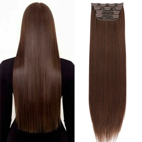 Imagen 1 del producto 24 pulgadas 4 clips en 200 gramos sedoso recto Ombre marrón 12 # Extensión de cabello sintético de alta temperatura rubia P27/613 resaltador de color
