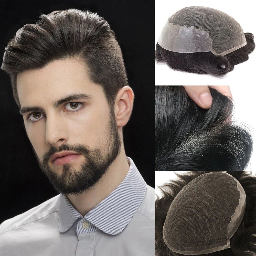 7X9 الدانتيل مع بو الشعر المستعار الرجال هيربيسي أنظمة استبدال الشعر البشري لعذراء الشعر المستعار للرجال الاستخدام اليومي قطعة شعر للرجل