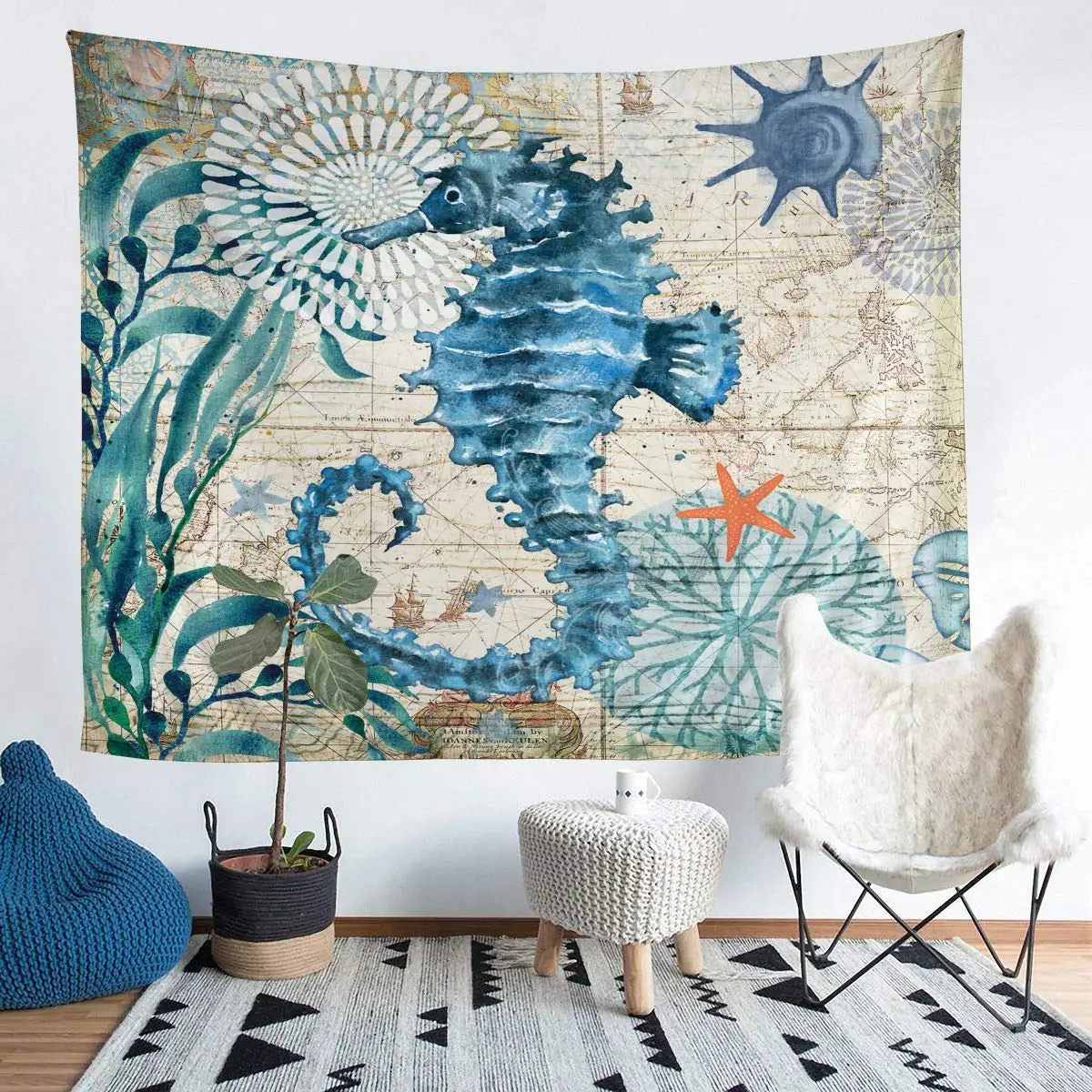 Seahorse Tapestry Sea Animal Wall Hanging Medieval Nautical Ocean Creatures Tapestries Bedroom Living Room Dorm Wall Blanket