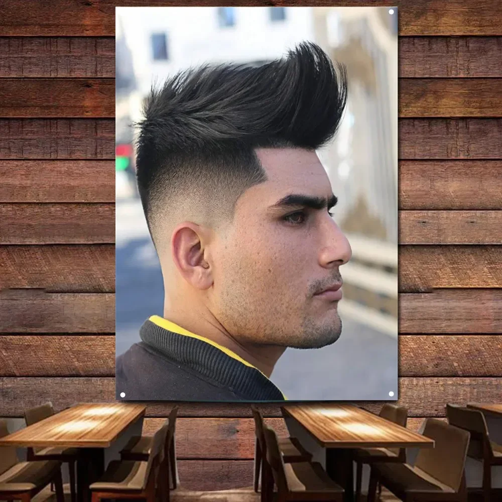 Póster de Estilo de Corte de Pelo Quiff para Hombres, Banderas Decorativas, Impresión Digital, Tapiz de Pared para Barbería, Decoración Interior