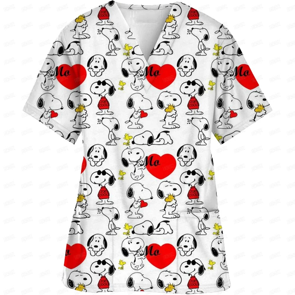 Cartoon Snoopy Printed Short Sleeve Surgical Gowns Tops Nurses' Uniforms V Neck Clinical Uniform For Woman Nursing Uniform