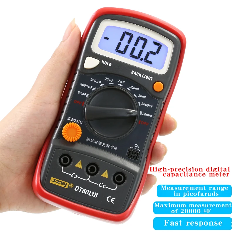 SZBJ DT6013B is a high-precision digital capacitance meter specifically designed for quick measurement of capacitors.