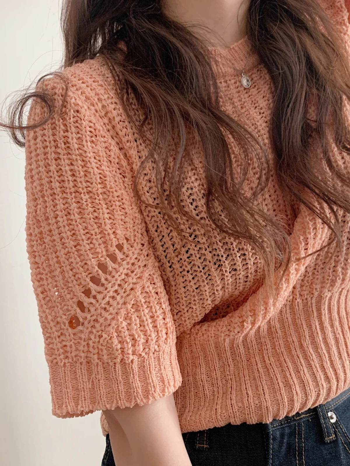 Chique verão oco para fora ort sve malha gelo seda fina redonda ne cor feminino topo coreano sle bolha sve camisola