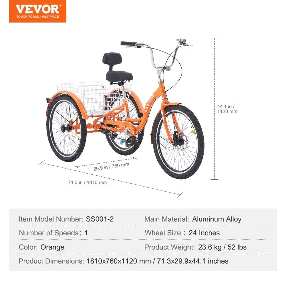 24” Adult Tricycle - 3-Wheel Aluminum Cruiser Bike with Basket & Adjustable Seat for seniors , Women & Men (Orange)