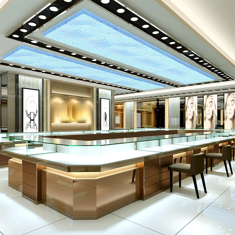 

Custom. China made luxury jewelry shop furniture showroom internal design Gold cabinet MDF display showcase jewelry shop