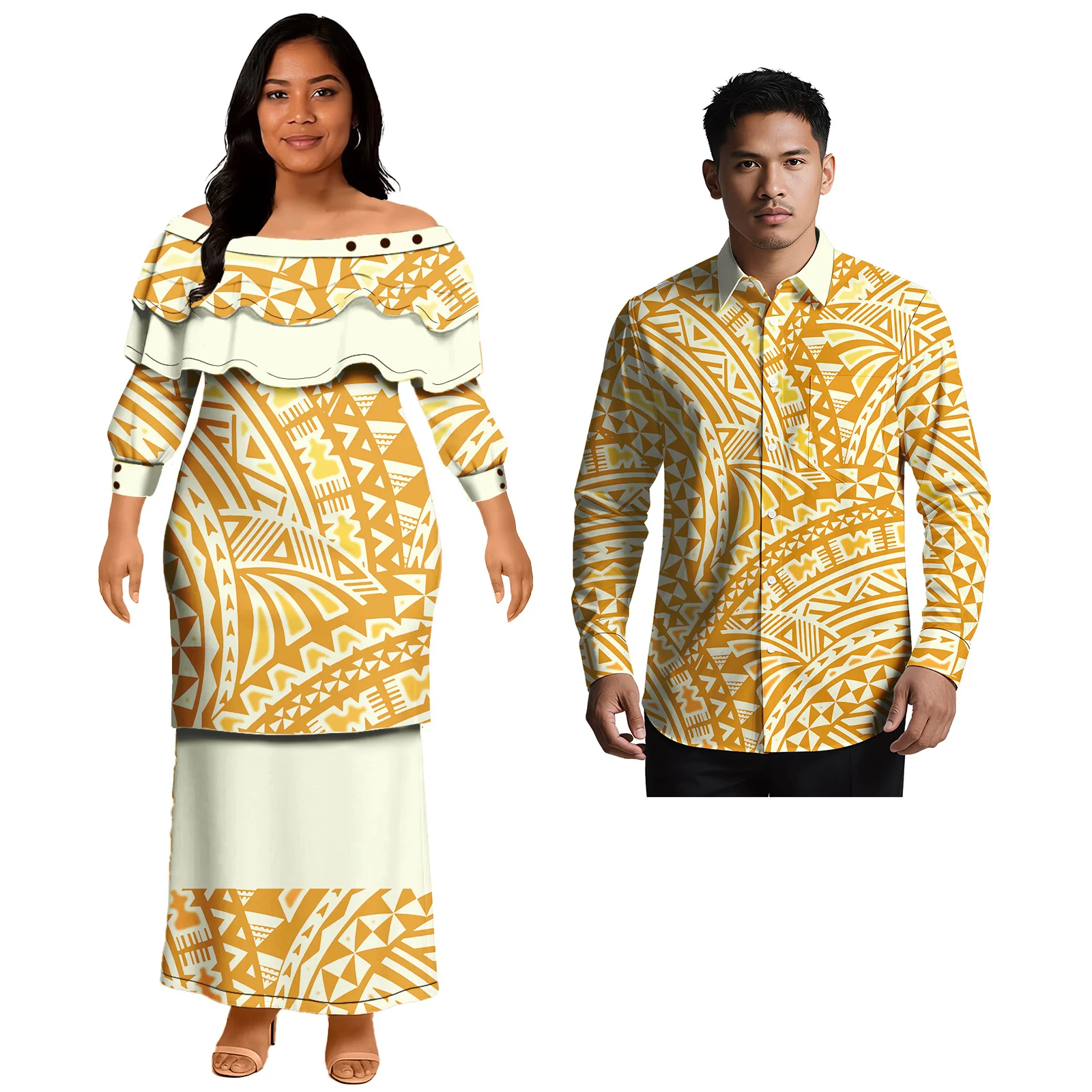 

Популярный комплект для пар: 2 предмета, одежда на заказ, рубашка «Алоха» для мужчин, женское платье макси с оборками в стиле островного, самоанского, полинезийского племенного дизайна, костюм для пары