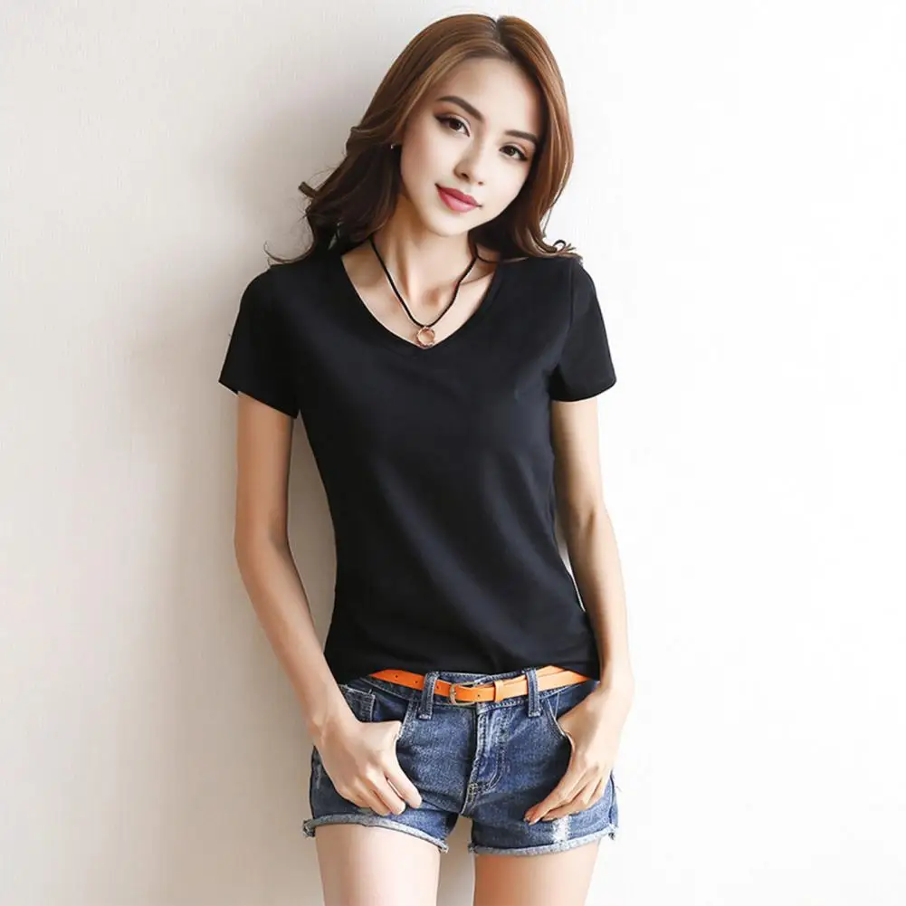 Women V-neck Blouse Summer T-shirt Short Sleeve Slim Fit T-shirt Solid Color Pullover Tops Stretchy Bottoming Shirt Streetwear