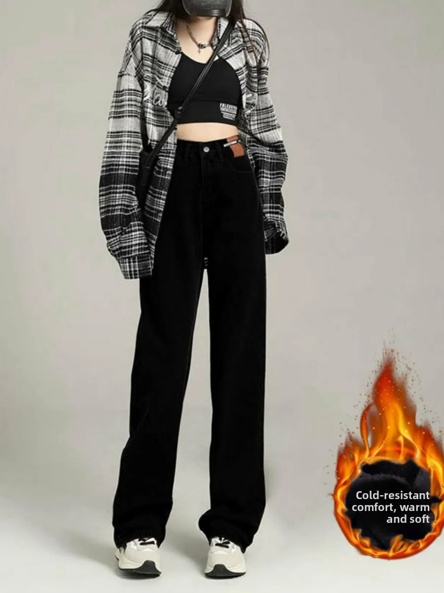 

High Waist Thickened Fleece Lined Wide Leg Jeans Women's Autumn Winter Long Pants Floor Length Black Loose Fit Denim Trousers