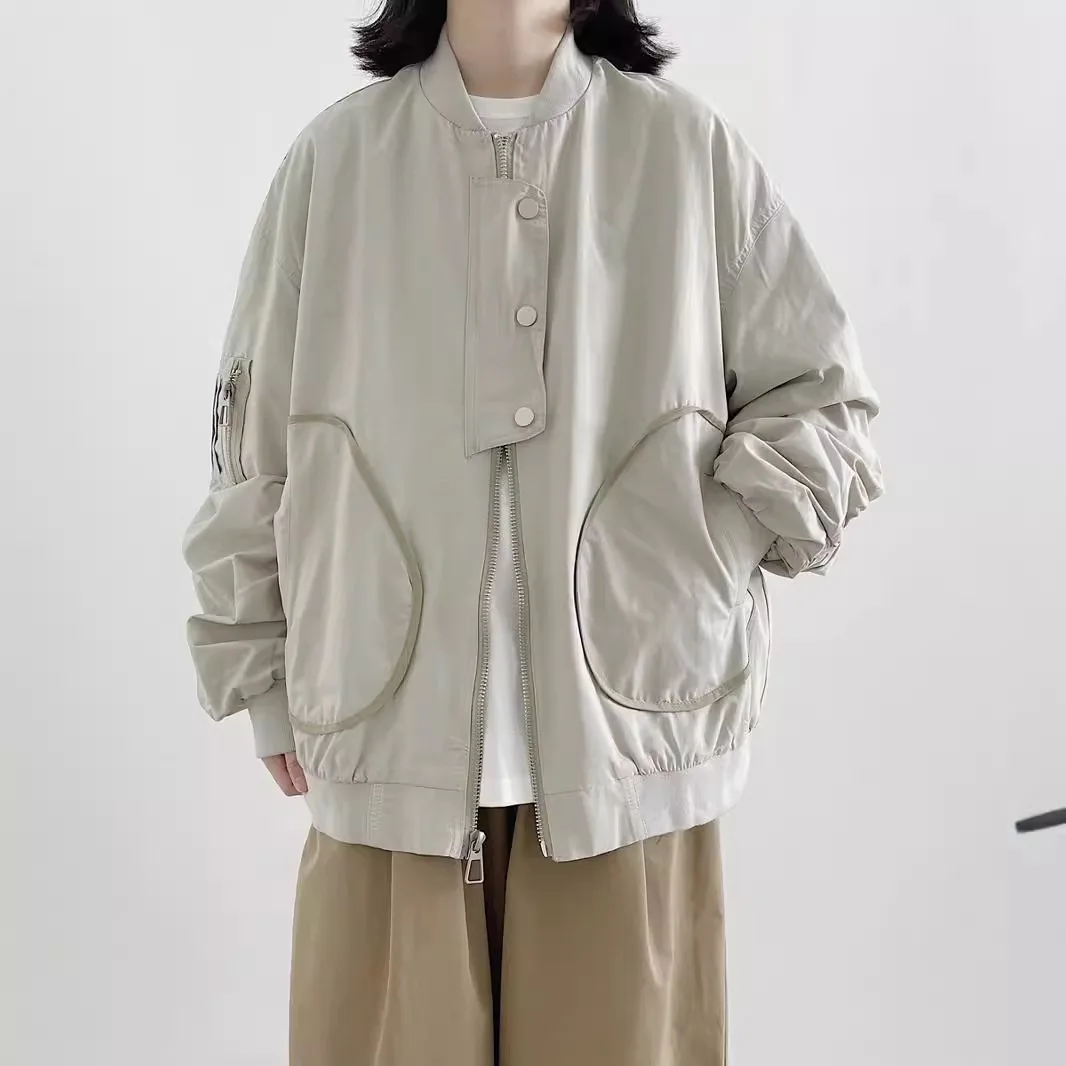 

American Style Retro Baseball Jacket Men's Women's Spring Autumn Solid Color Pilot Jacket Personalized Asymmetrical Jacket