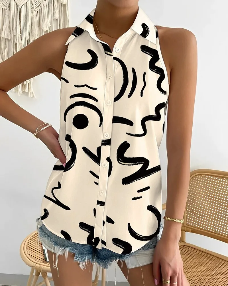 2024 AliExpress European and American Summer Casual Fashion Off-the-shoulder Sleeveless Abstract Print Women's Shirt