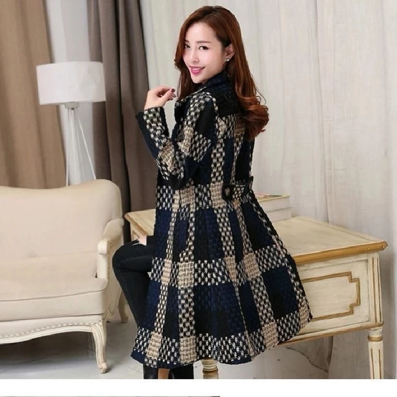 Autumn Winter Jacket Women's Plaid Woolen Coat New Korean Stand Collar Slim Wool Basic Coat Female Outerwear Tops C