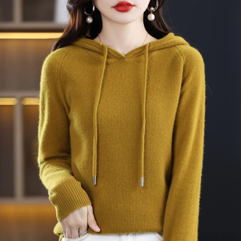 Autumn and winter new 100% pure wool ladies sweater hooded solid color loose fashion pullover sweater coat