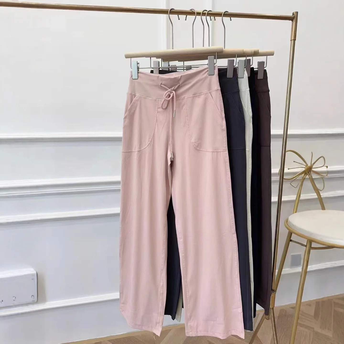 لولو ارتفاع الخصر ثنى بنطال ذو قصة أرجل واسعة المرأة الرباط مطاطا مستقيم قطع فضفاضة تناسب عادية بنطلون طويل 0875